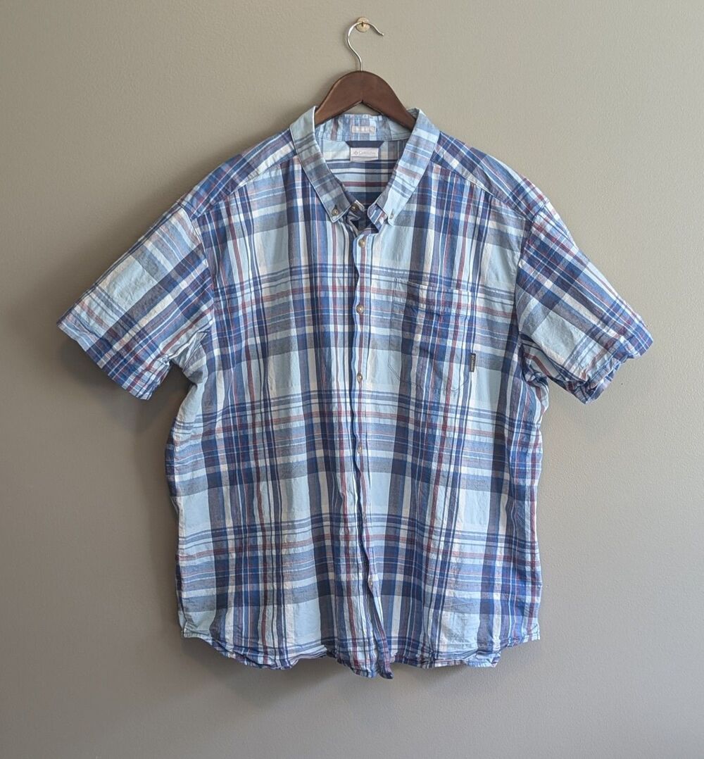 Columbia Mens XXL Short Sleeve Button Down Shirt Blue Plaid Outdoor Casual